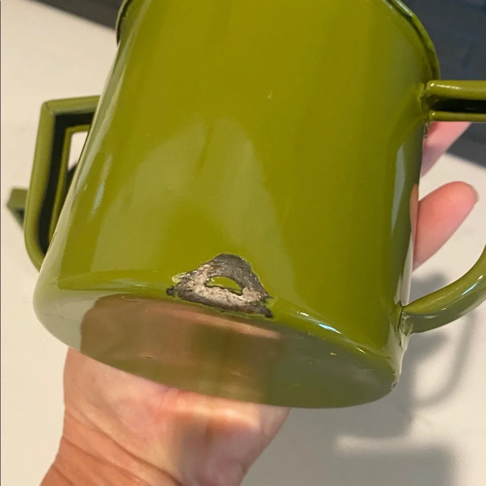Vintage Olive Green Enamel Sugar and Creamer Set 3.5” Tall